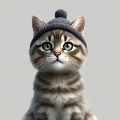 cat pfp — grey tabby cat, soft 3d render style, wearing a tiny beanie