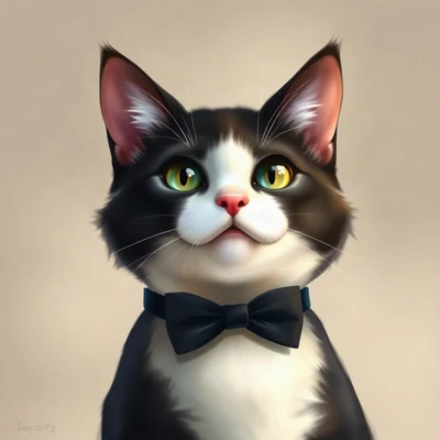 cat pfp — tuxedo cat, digital painting style, wearing a bow tie