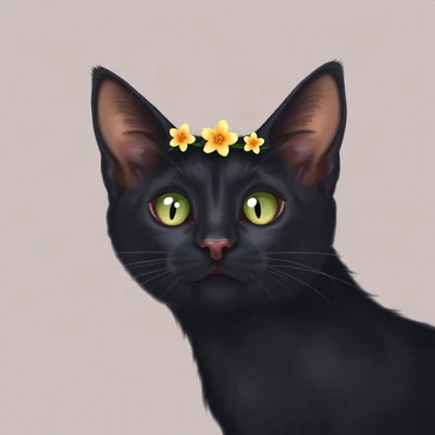cat pfp — black cat with green eyes, digital painting style, with a small flower crown