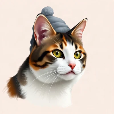 cat pfp — calico cat, digital painting style, wearing a tiny beanie