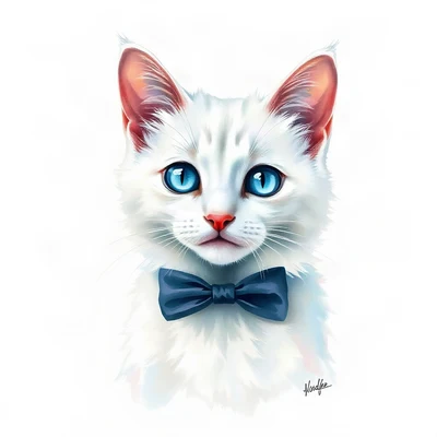 cat pfp — white fluffy cat with blue eyes, loose watercolor style, wearing a bow tie