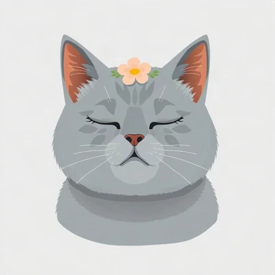 cat pfp — blue-grey british shorthair, flat vector illustration style, with a small flower crown