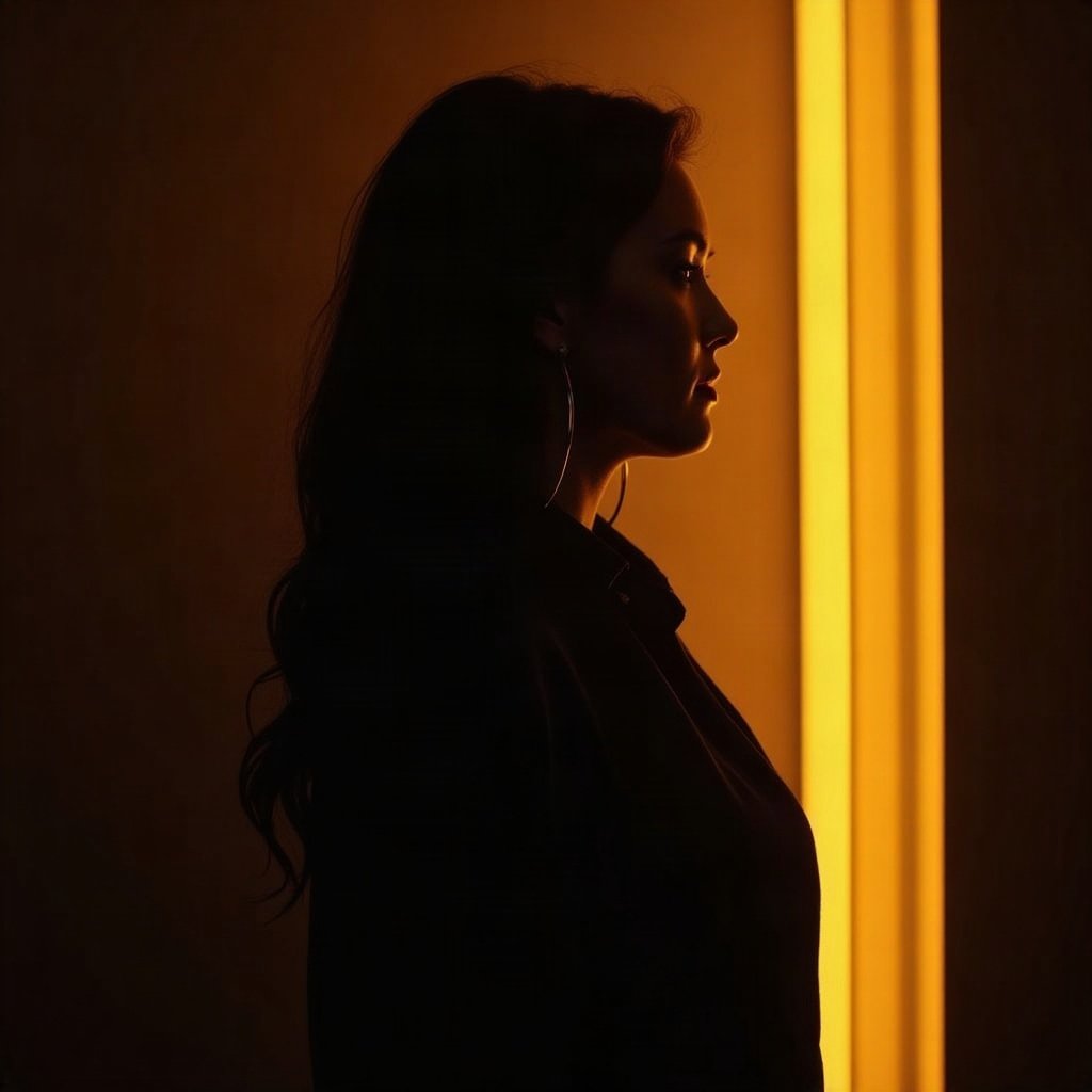 Cool PFPs — dark neon silhouette of a figure, gold hour edge light, cinematic contrast
