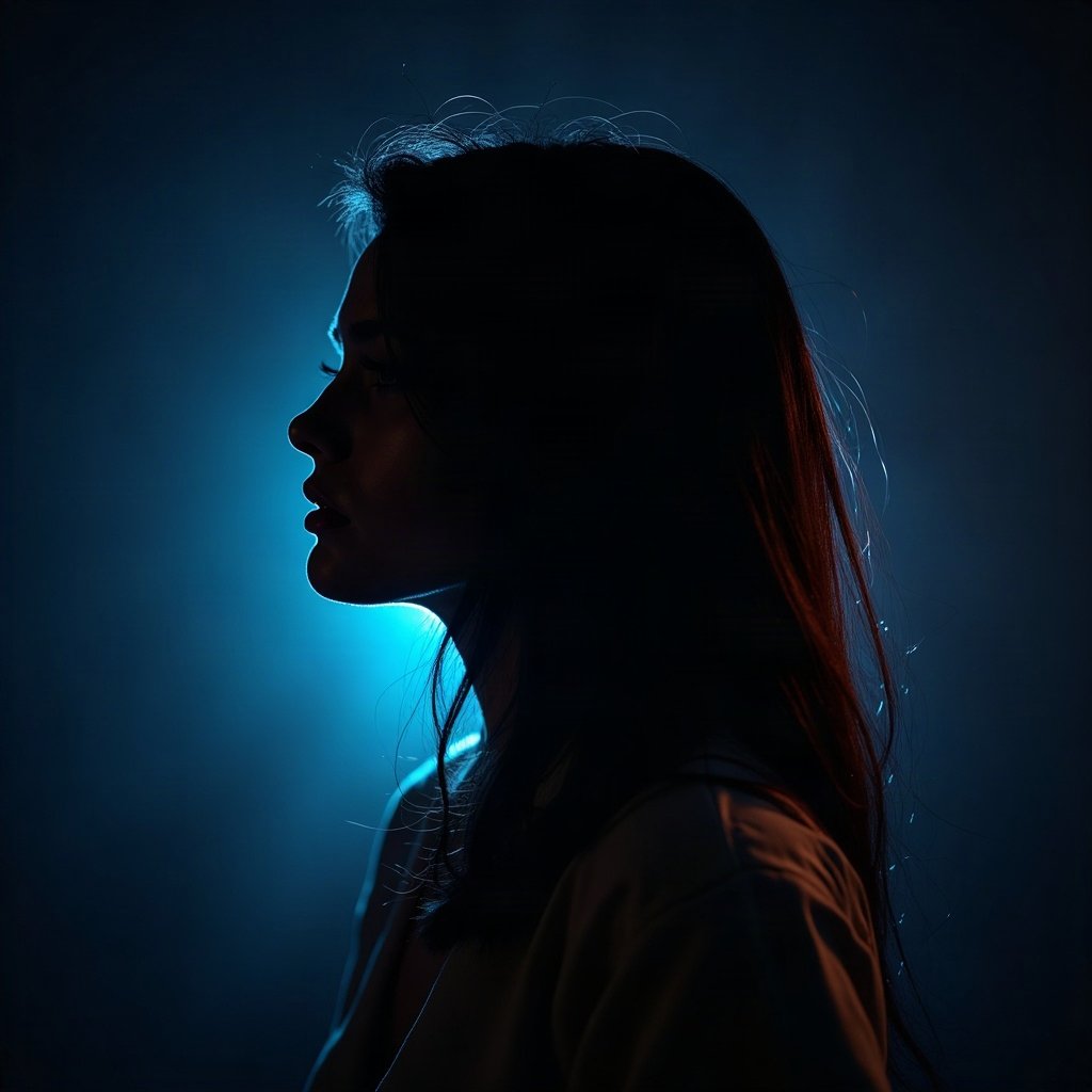 Cool PFPs — dark neon silhouette of a figure, ice white rim light, subtle film grain