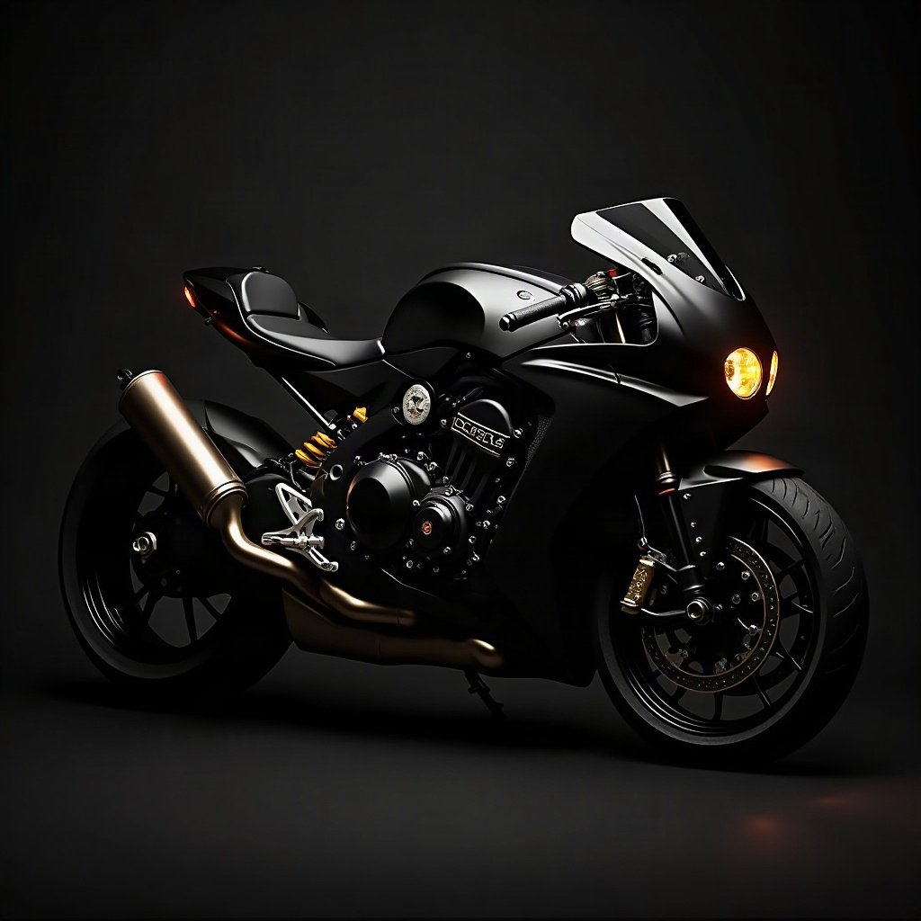 Cool PFPs — matte black sports motorcycle detail shot, gold hour edge light, clean studio finish