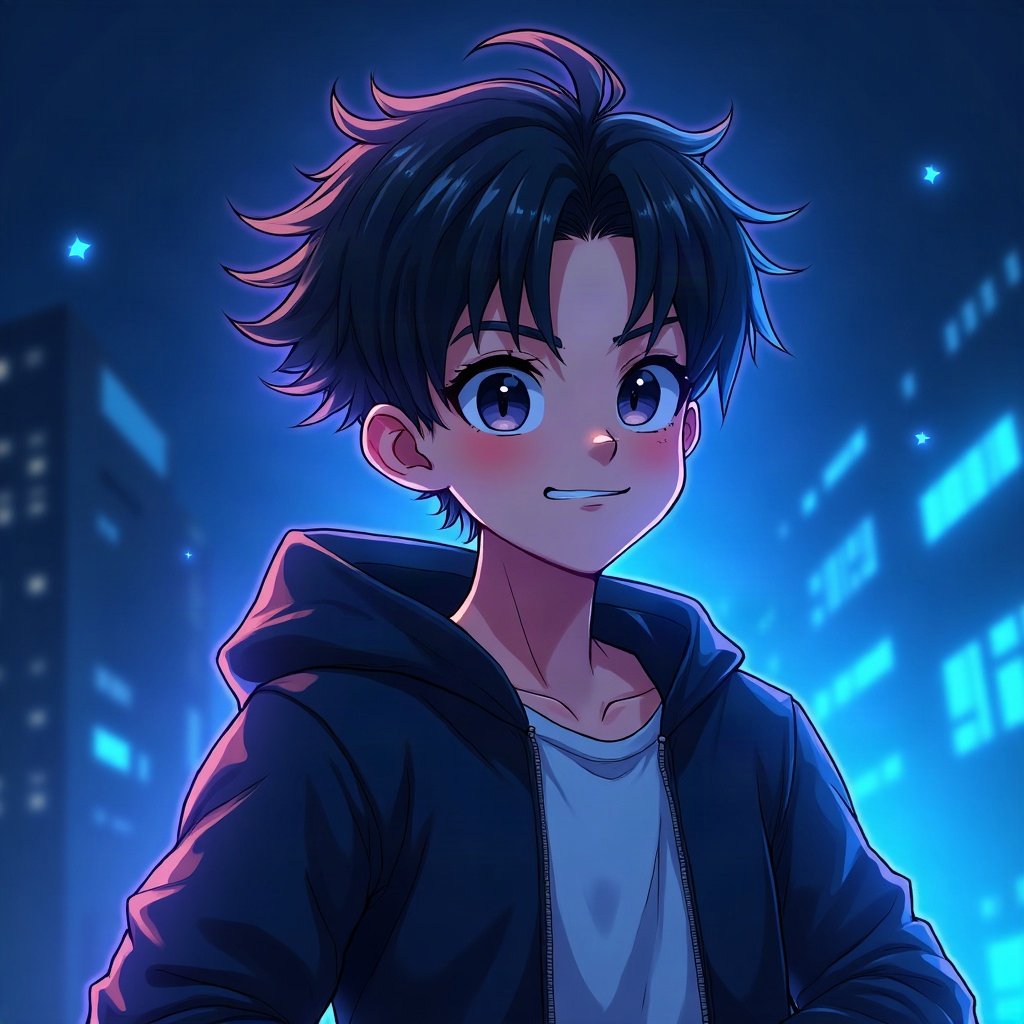 Cool PFPs — original anime-style boy with confident smirk, electric blue accent lighting, glossy premium render