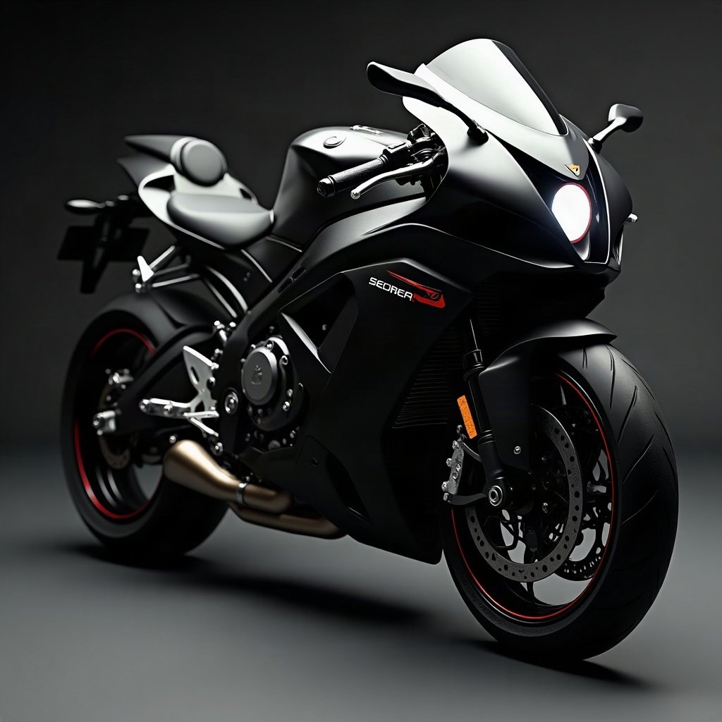 Cool PFPs — matte black sports motorcycle detail shot, ice white rim light, glossy premium render