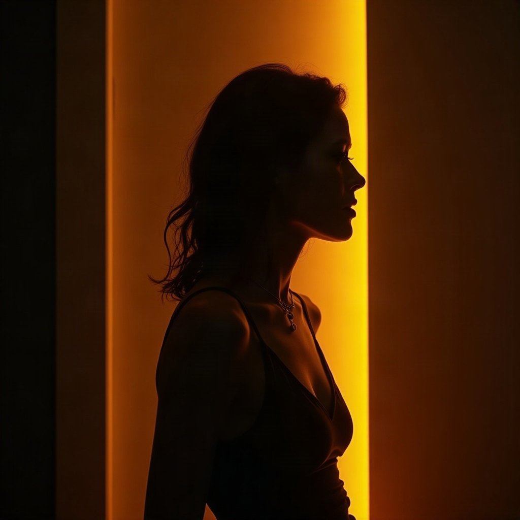 Cool PFPs — dark neon silhouette of a figure, gold hour edge light, cinematic contrast