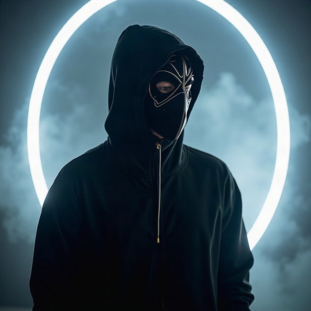 Cool PFPs — masked streetwear figure with attitude, ice white rim light, subtle film grain