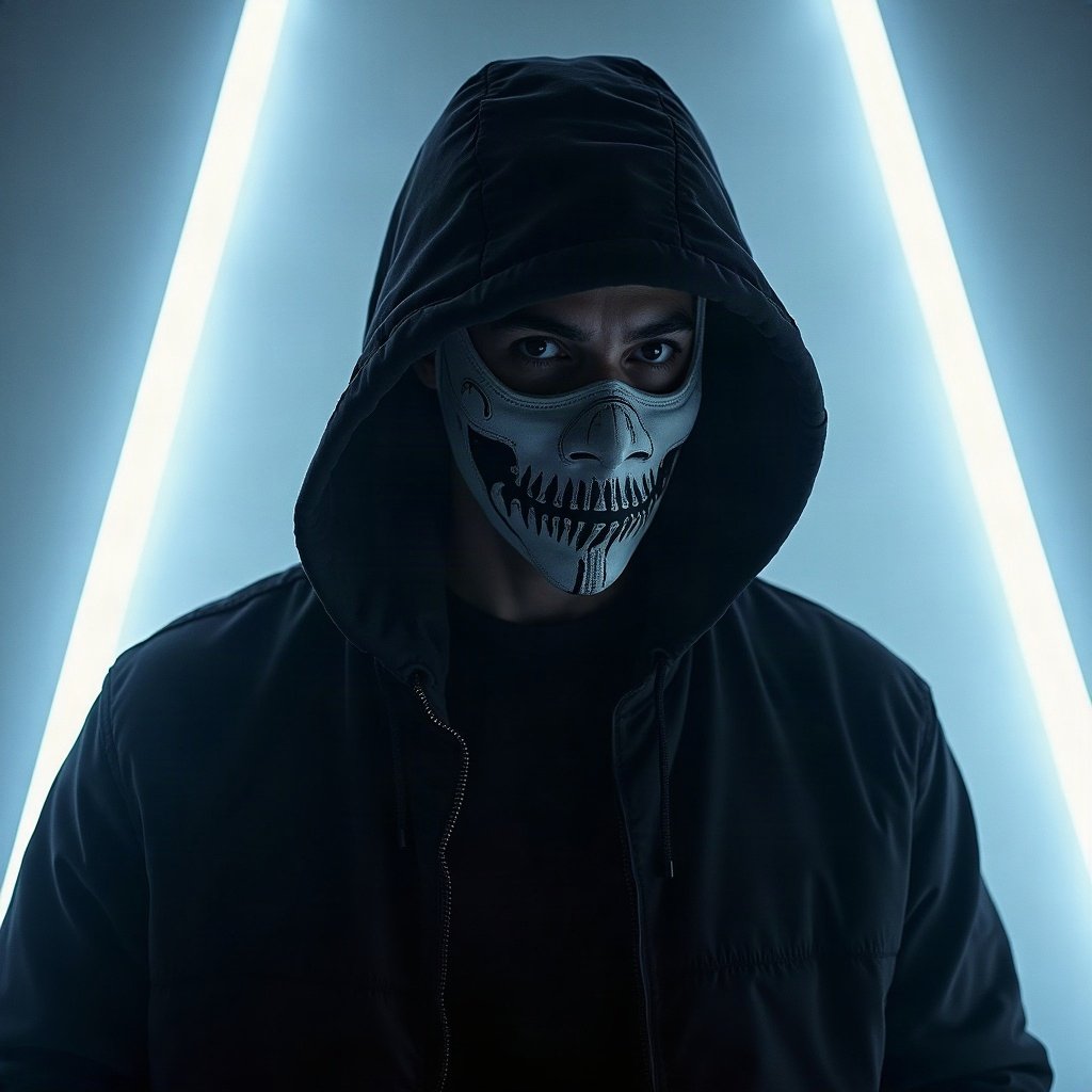 Cool PFPs — masked streetwear figure with attitude, ice white rim light, subtle film grain