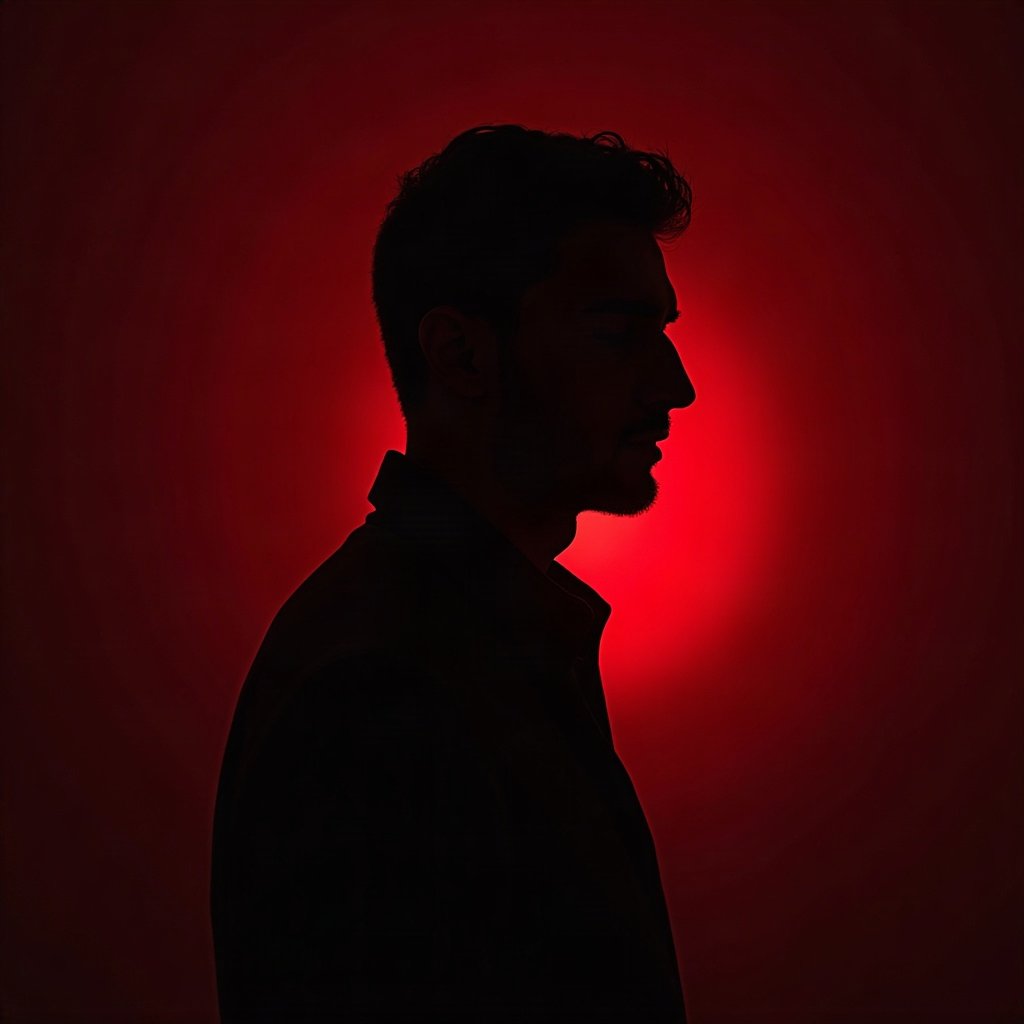 Cool PFPs — dark neon silhouette of a figure, red neon glow, subtle film grain