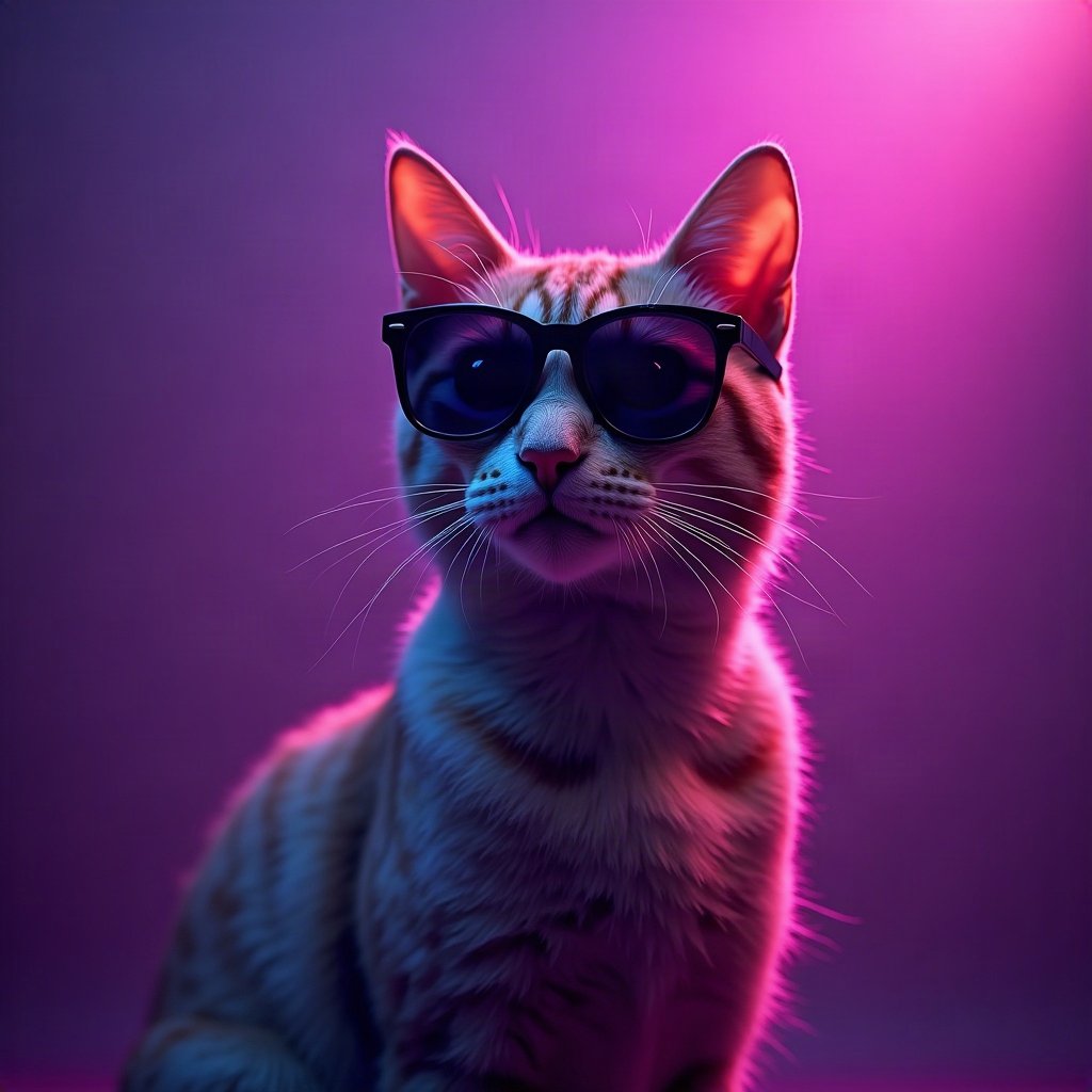 Cool PFPs — cat wearing sunglasses looking unimpressed, violet haze lighting, subtle film grain