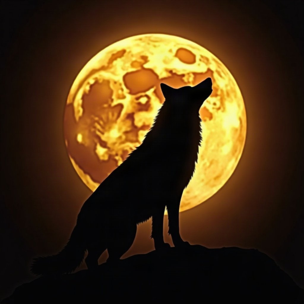 Cool PFPs — lone wolf silhouette against moon, gold hour edge light, cinematic contrast