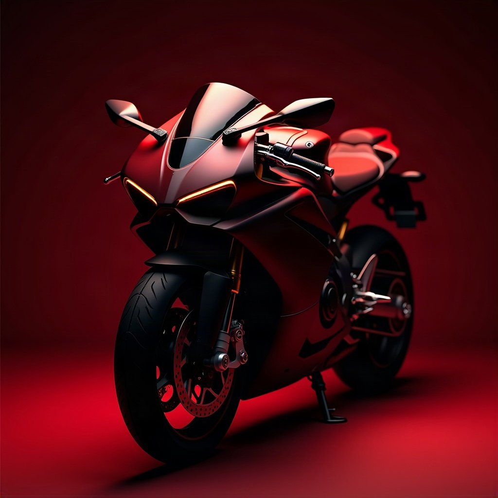 Cool PFPs — matte black sports motorcycle detail shot, red neon glow, clean studio finish