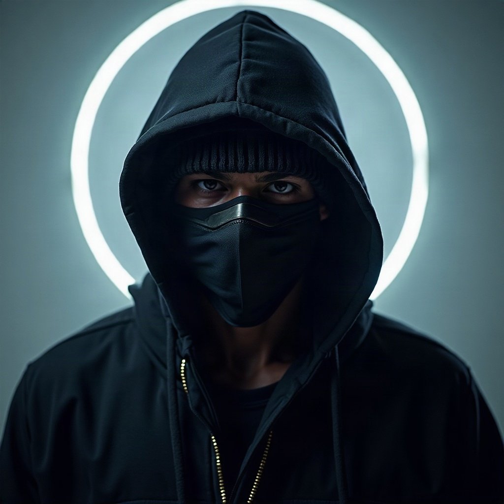 Cool PFPs — masked streetwear figure with attitude, ice white rim light, subtle film grain