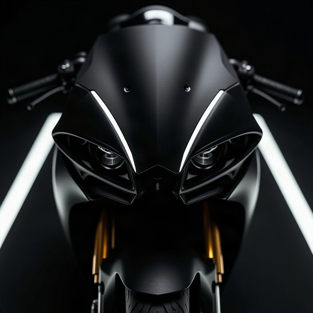 Cool PFPs — matte black sports motorcycle detail shot, ice white rim light, subtle film grain