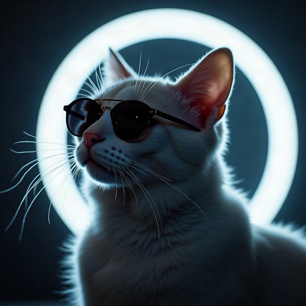 Cool PFPs — cat wearing sunglasses looking unimpressed, ice white rim light, cinematic contrast