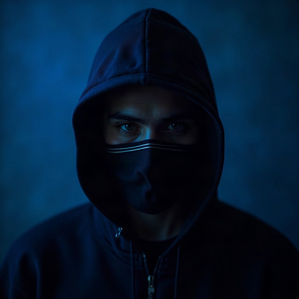 Cool PFPs — masked streetwear figure with attitude, electric blue accent lighting, subtle film grain