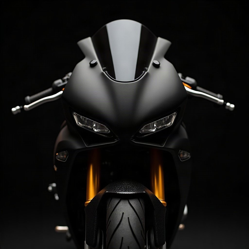 Cool PFPs — matte black sports motorcycle detail shot, gold hour edge light, clean studio finish