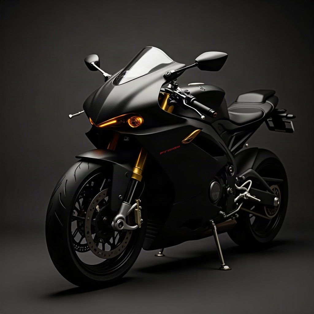 Cool PFPs — matte black sports motorcycle detail shot, gold hour edge light, subtle film grain