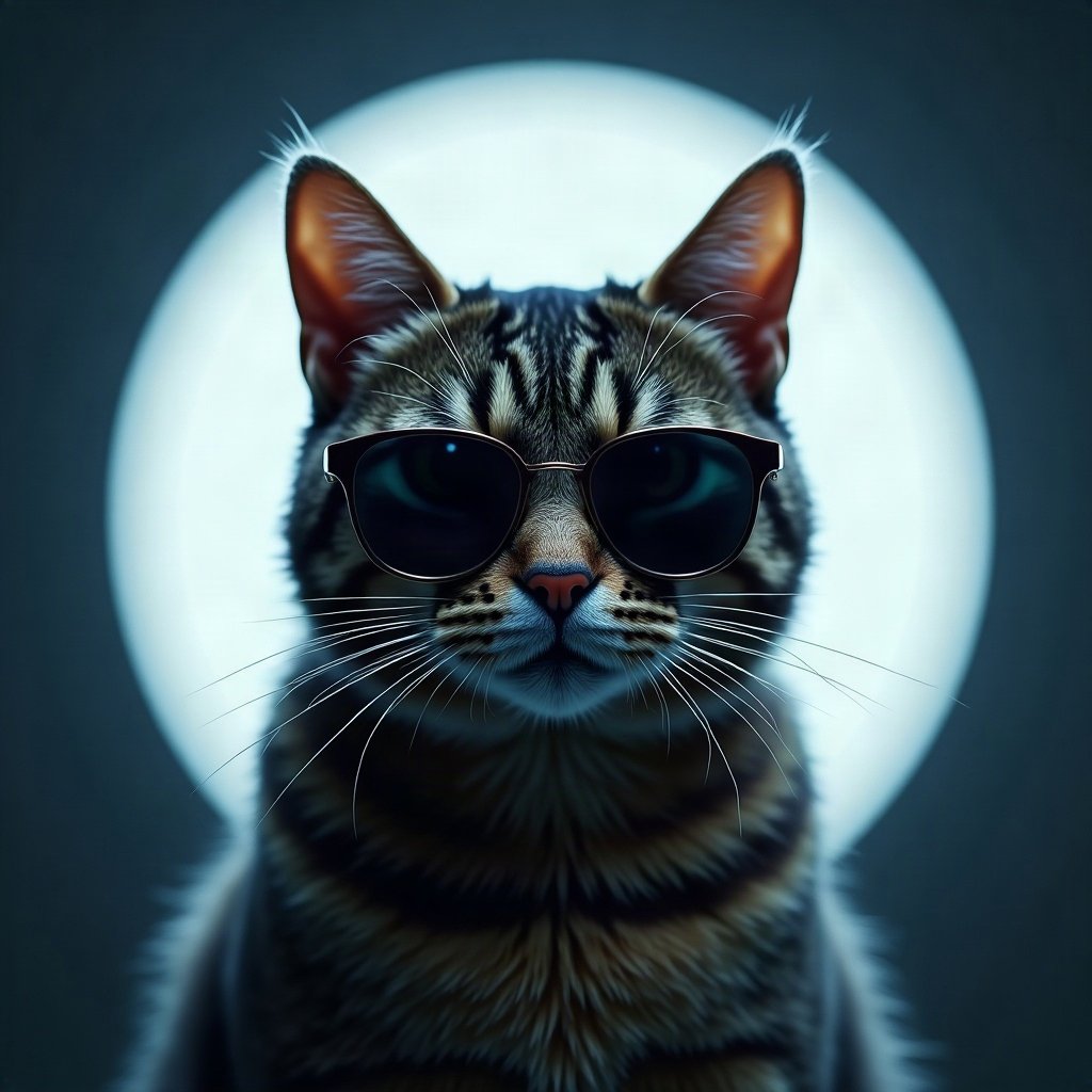 Cool PFPs — cat wearing sunglasses looking unimpressed, ice white rim light, cinematic contrast