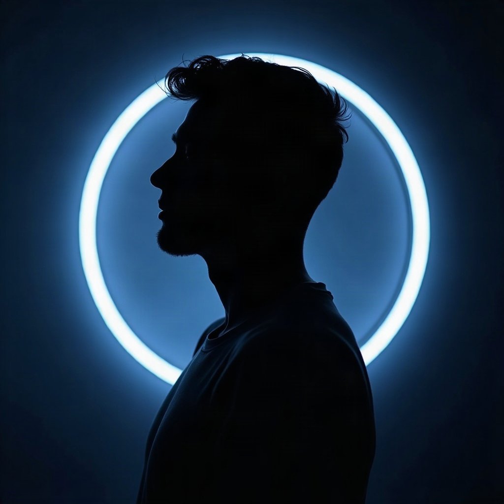 Cool PFPs — dark neon silhouette of a figure, ice white rim light, clean studio finish