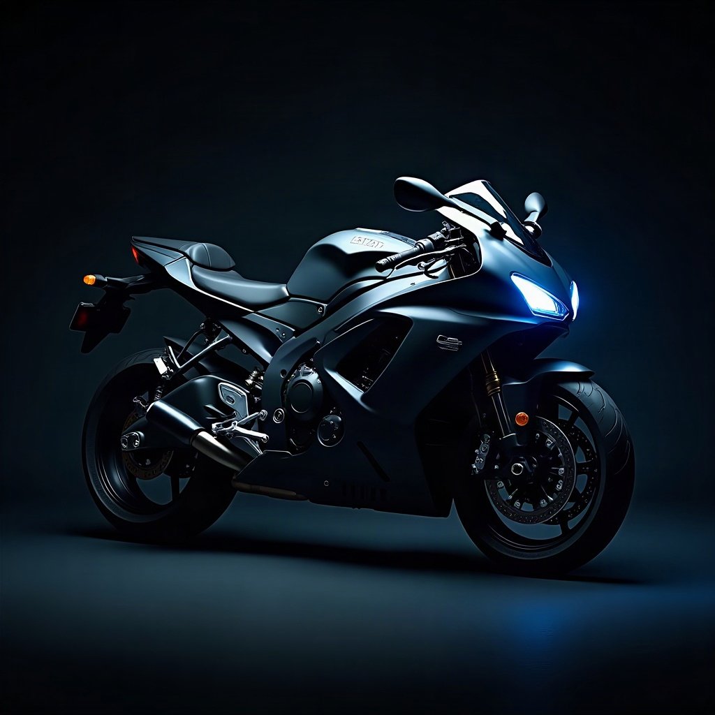 Cool PFPs — matte black sports motorcycle detail shot, electric blue accent lighting, subtle film grain