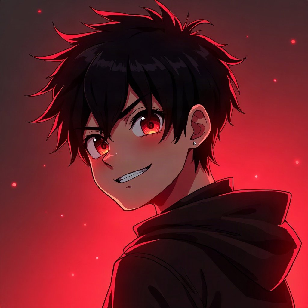 Cool PFPs — original anime-style boy with confident smirk, red neon glow, cinematic contrast