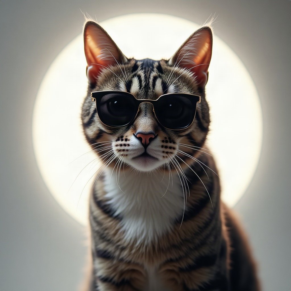 Cool PFPs — cat wearing sunglasses looking unimpressed, ice white rim light, subtle film grain