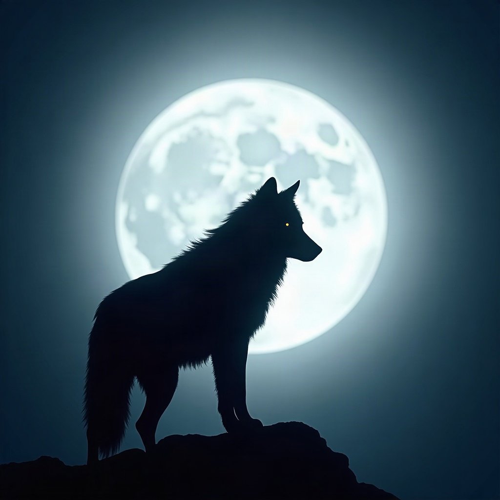 Cool PFPs — lone wolf silhouette against moon, ice white rim light, cinematic contrast
