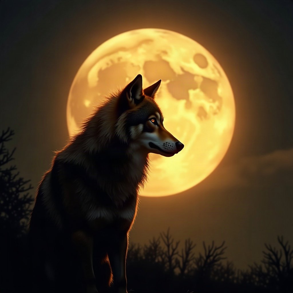 Cool PFPs — lone wolf silhouette against moon, gold hour edge light, glossy premium render