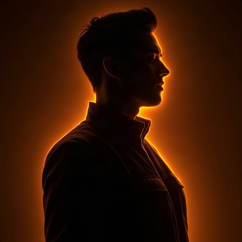 Cool PFPs — dark neon silhouette of a figure, gold hour edge light, glossy premium render