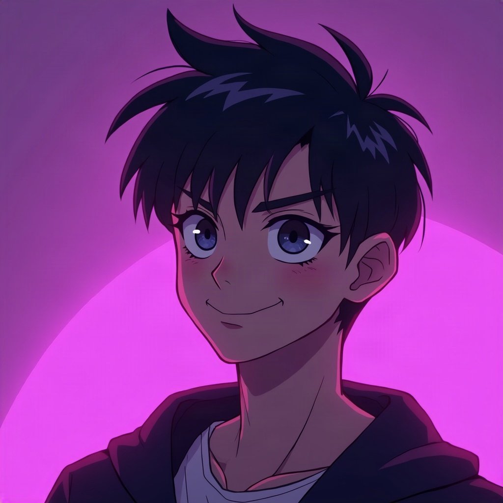 Cool PFPs — original anime-style boy with confident smirk, violet haze lighting, cinematic contrast