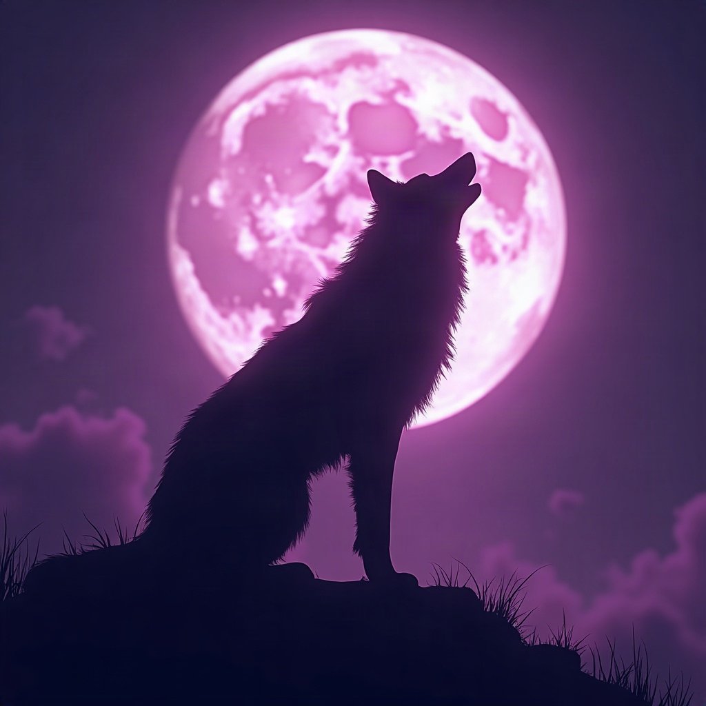 Cool PFPs — lone wolf silhouette against moon, violet haze lighting, glossy premium render