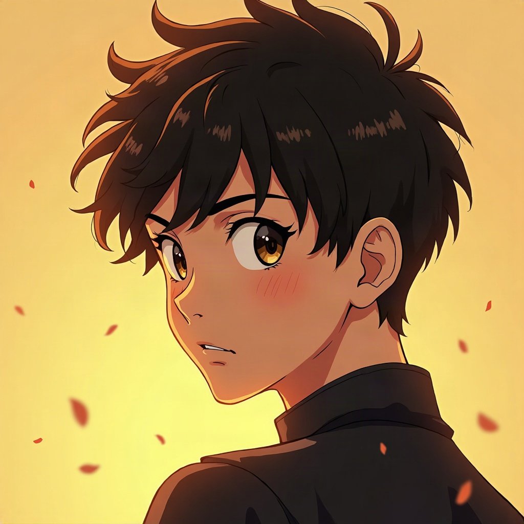 Cool PFPs — original anime-style boy with confident smirk, gold hour edge light, subtle film grain