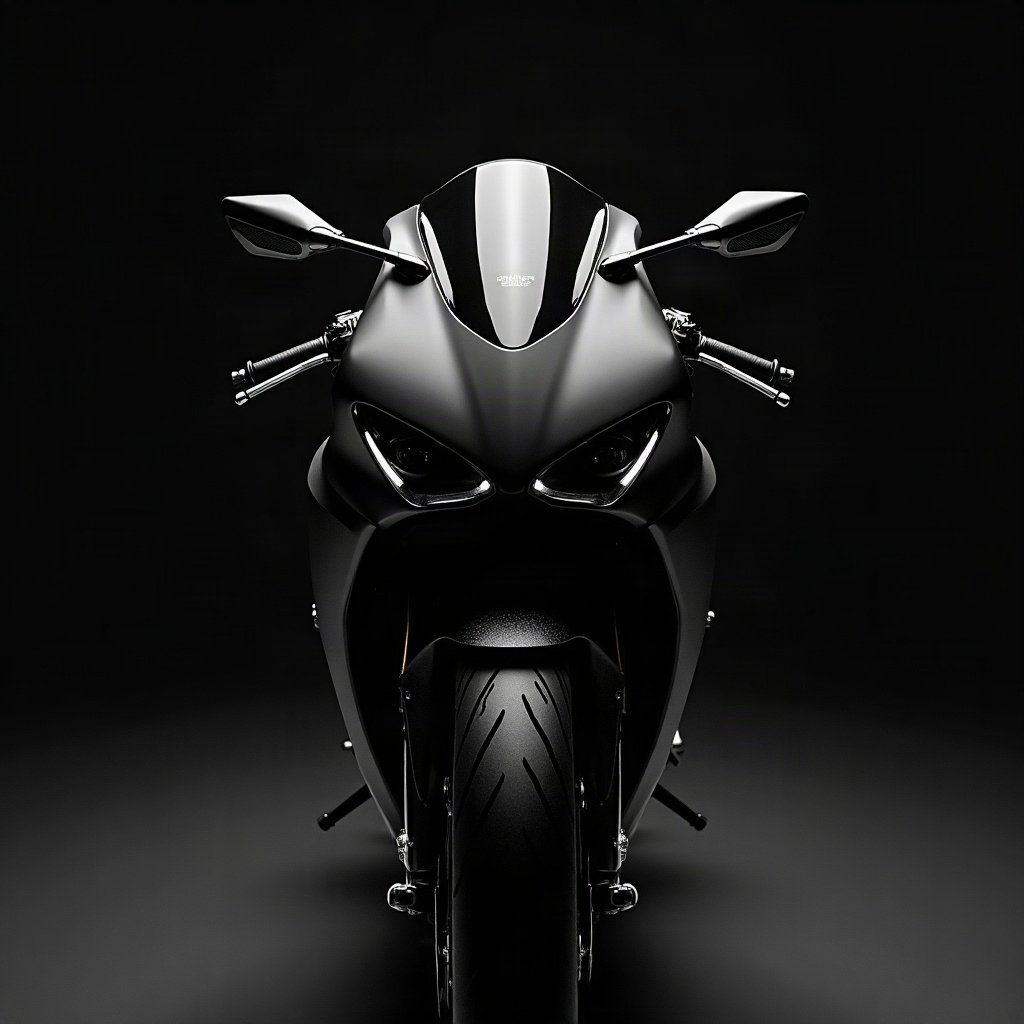 Cool PFPs — matte black sports motorcycle detail shot, ice white rim light, cinematic contrast