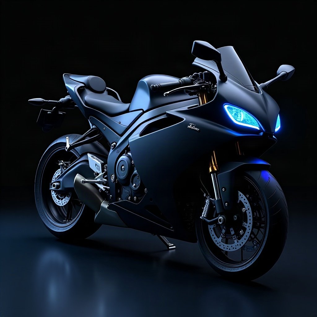 Cool PFPs — matte black sports motorcycle detail shot, electric blue accent lighting, glossy premium render