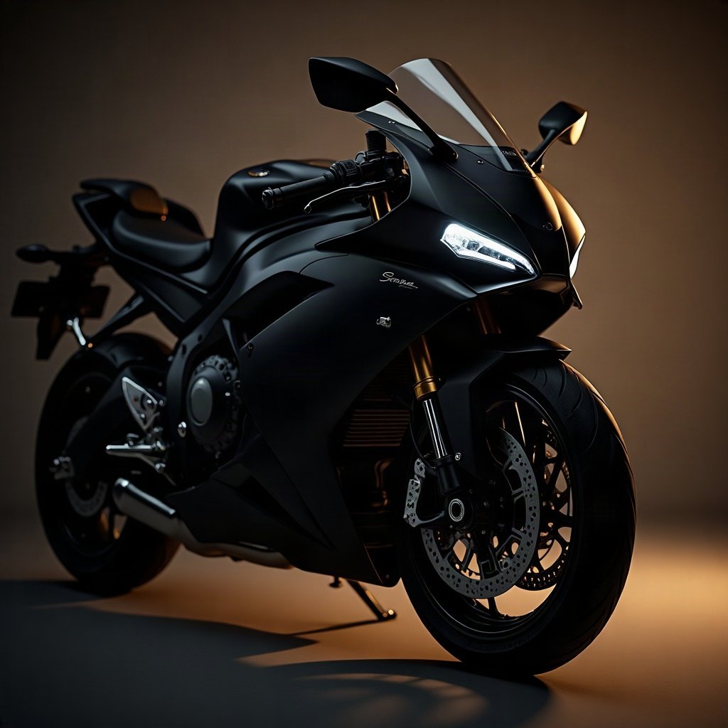 Cool PFPs — matte black sports motorcycle detail shot, gold hour edge light, cinematic contrast
