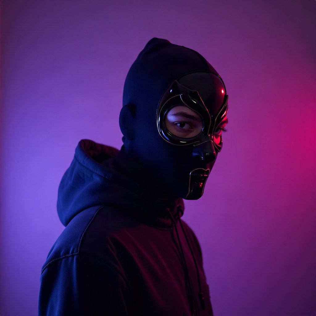 Cool PFPs — masked streetwear figure with attitude, violet haze lighting, clean studio finish