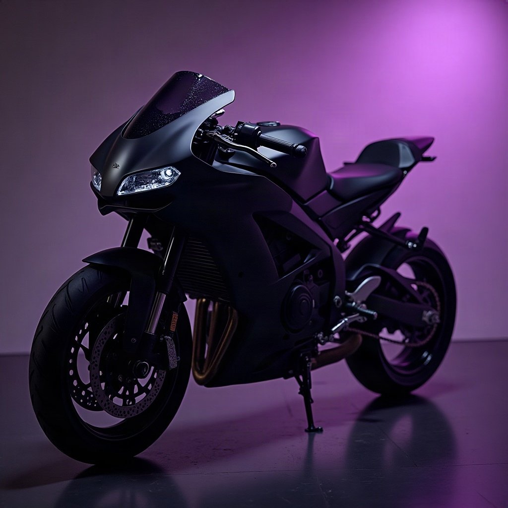 Cool PFPs — matte black sports motorcycle detail shot, violet haze lighting, subtle film grain