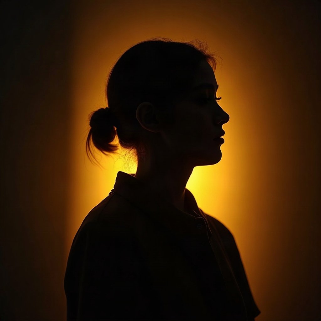 Cool PFPs — dark neon silhouette of a figure, gold hour edge light, subtle film grain