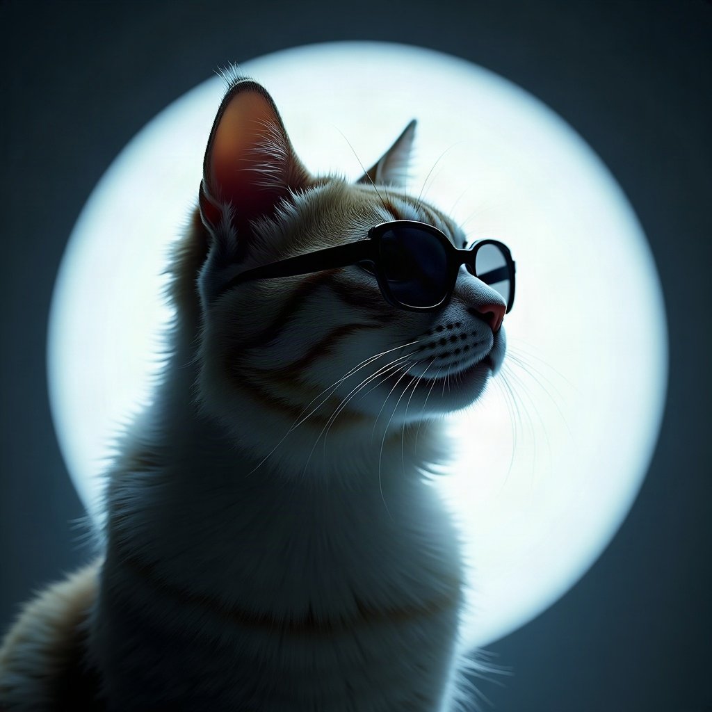 Cool PFPs — cat wearing sunglasses looking unimpressed, ice white rim light, cinematic contrast