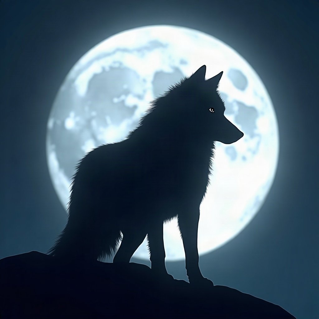 Cool PFPs — lone wolf silhouette against moon, ice white rim light, glossy premium render