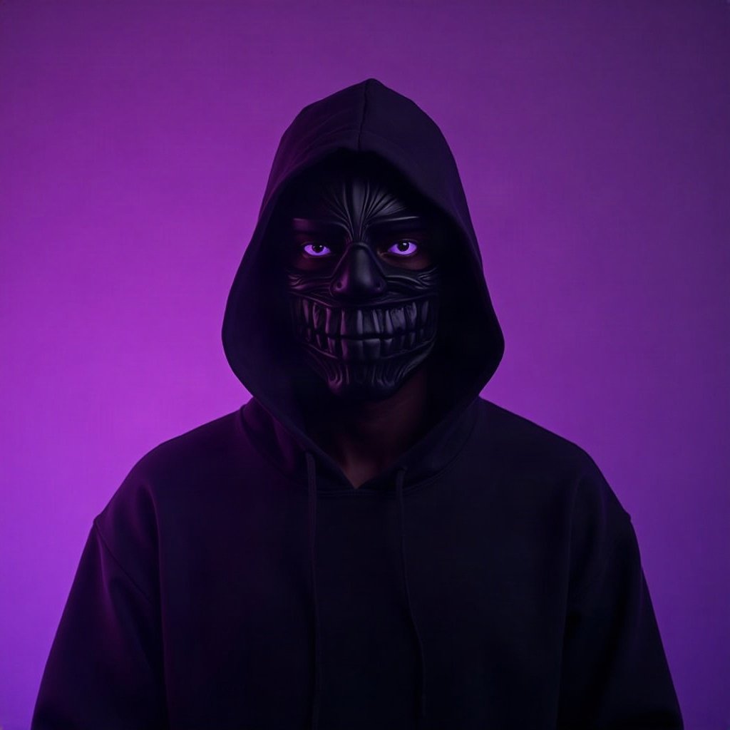 Cool PFPs — masked streetwear figure with attitude, violet haze lighting, cinematic contrast