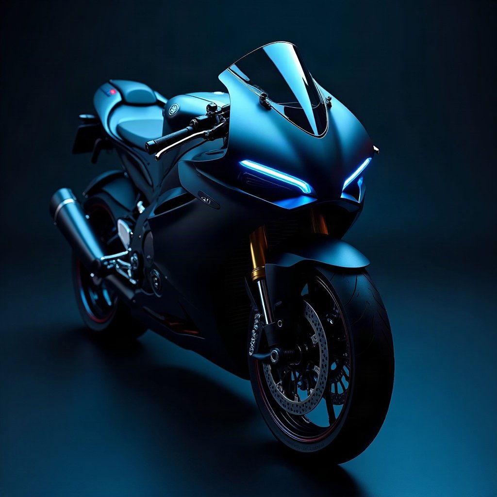 Cool PFPs — matte black sports motorcycle detail shot, electric blue accent lighting, glossy premium render