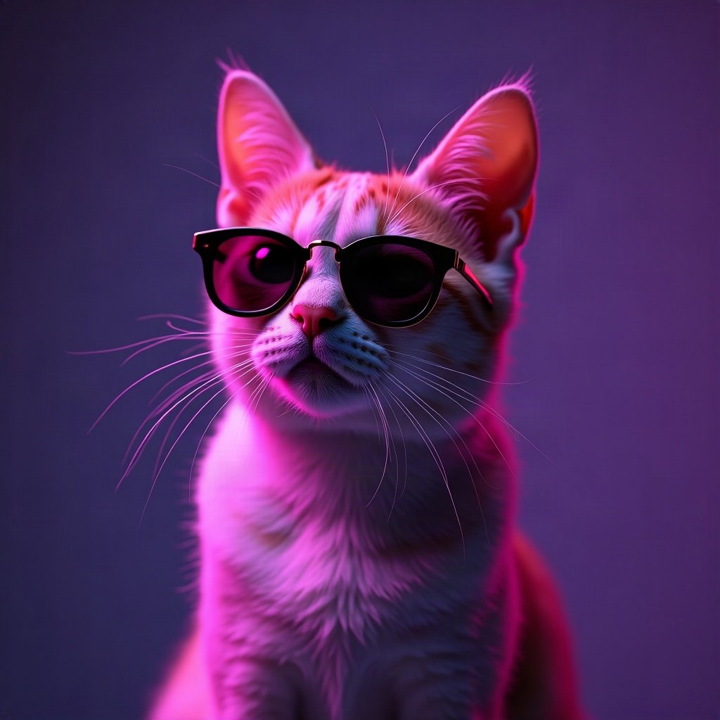Cool PFPs — cat wearing sunglasses looking unimpressed, violet haze lighting, subtle film grain