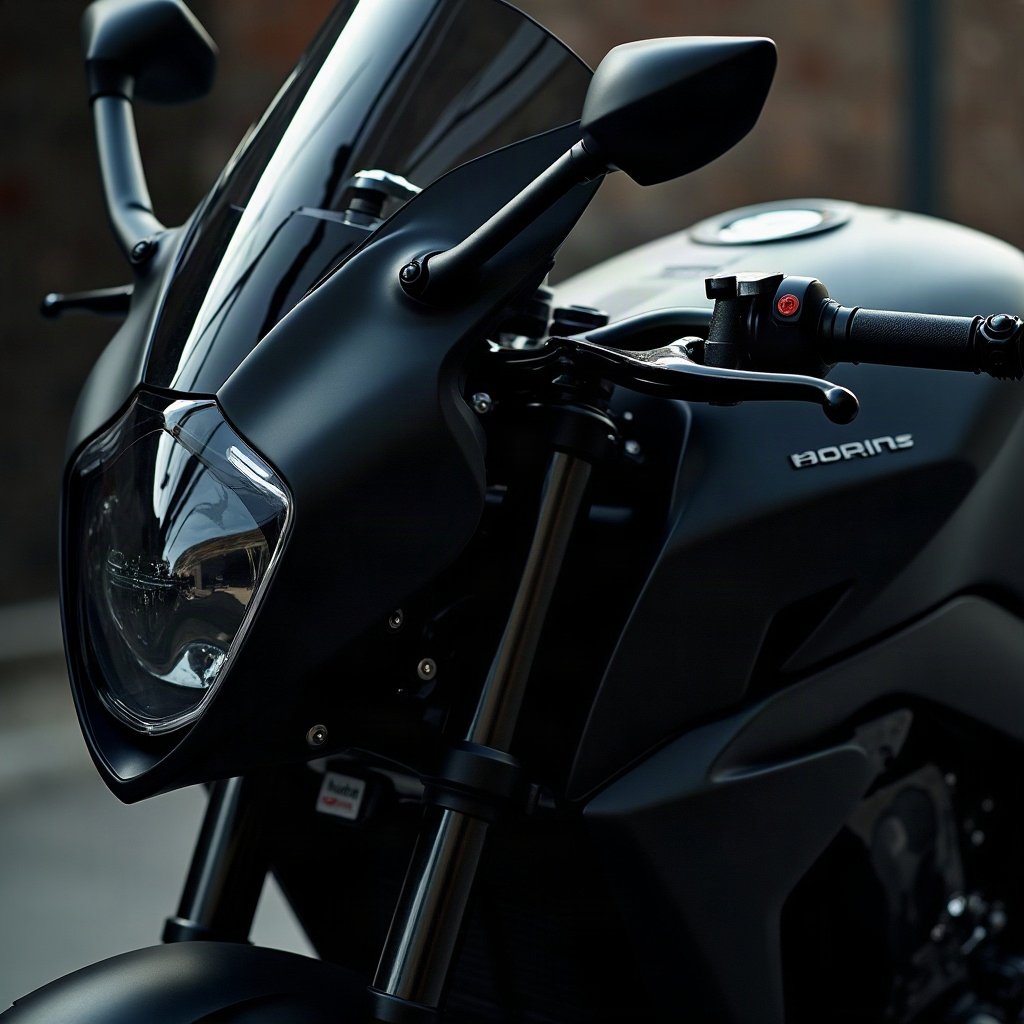 Cool PFPs — matte black sports motorcycle detail shot, ice white rim light, cinematic contrast