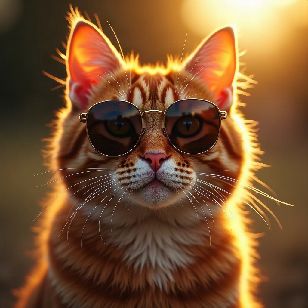 Cool PFPs — cat wearing sunglasses looking unimpressed, gold hour edge light, subtle film grain