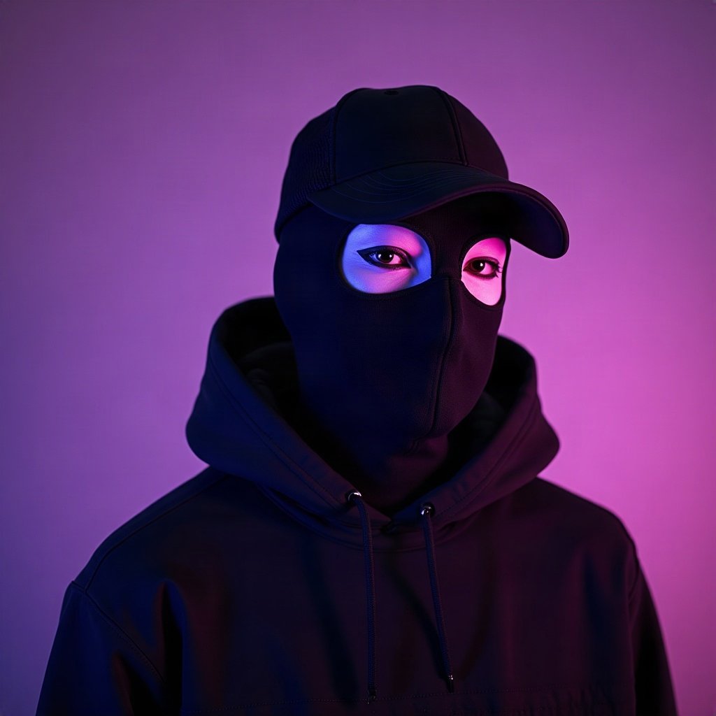 Cool PFPs — masked streetwear figure with attitude, violet haze lighting, subtle film grain