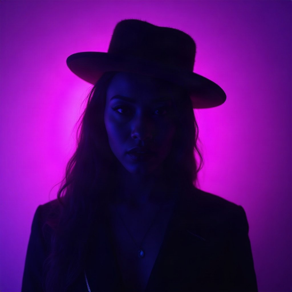 Cool PFPs — dark neon silhouette of a figure, violet haze lighting, cinematic contrast